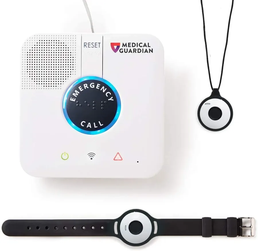 Medical Guardian Classic Guardian base station with a wearable emergency call pendant and wristband