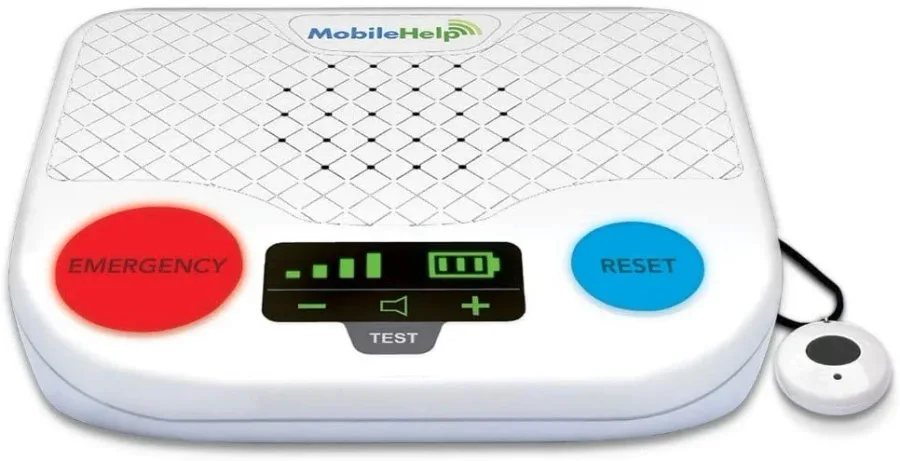 MobileHelp Classic base station with red Emergency button, blue Reset button, and wearable help pendant