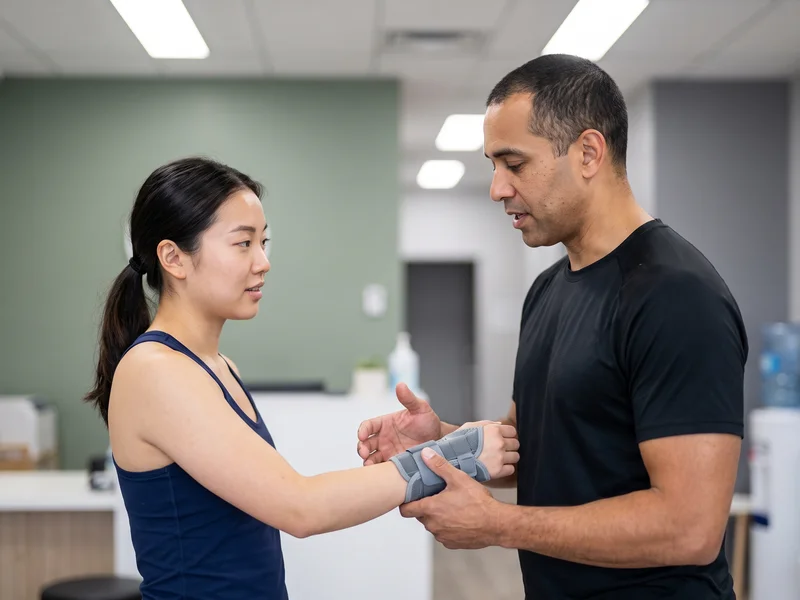 Physical therapist fitting a patient's wrist with a supportive brace