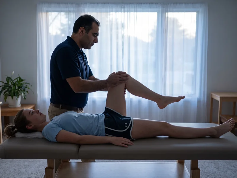 Physical therapist guiding a patient's bent knee toward the chest to assess hip flexion and mobility