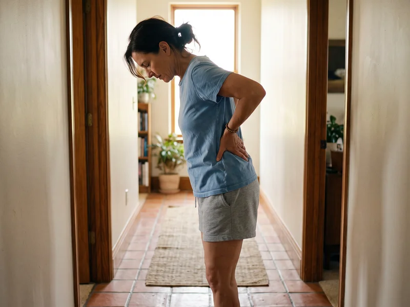 Woman standing in a hallway with her hand pressed to her lower back in pain
