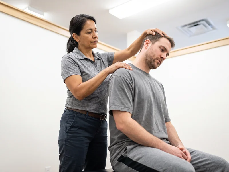 Physical therapist gently tilting a patient's head while stabilizing the shoulder to mobilize the neck