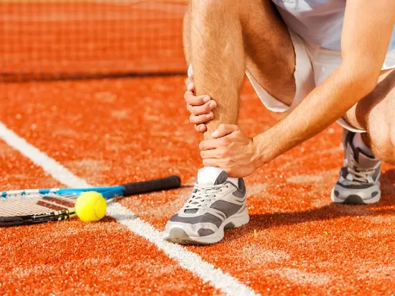 Tennis player holding his ankle after an injury on the court