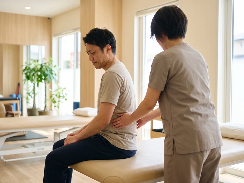 Physical therapist examining a patient's lower back during an initial pain evaluation