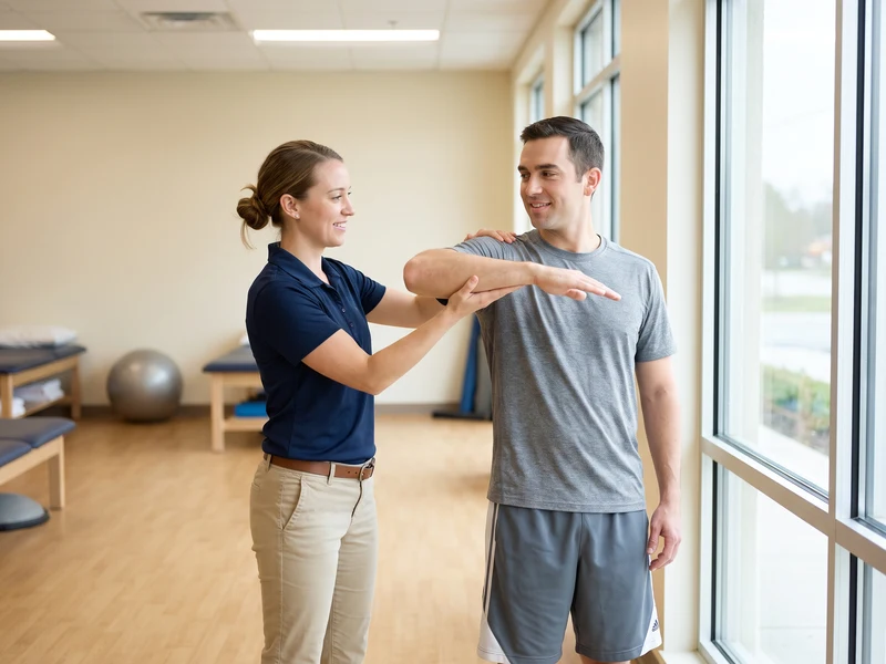 Physical therapist guiding a patient through an assisted shoulder mobility stretch