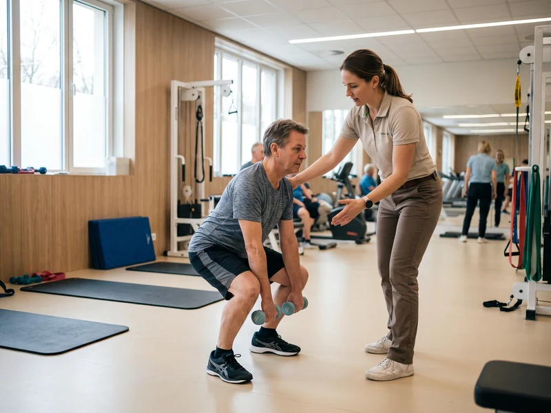 Physical therapist coaching a patient through supervised strength training
