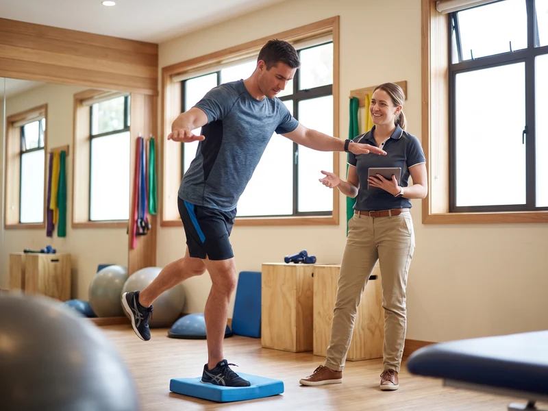 Physical therapist observing a patient during a return-to-sport balance test